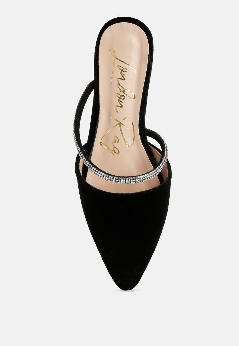 Black velvet mule front view with diamante strap around the ankle opening