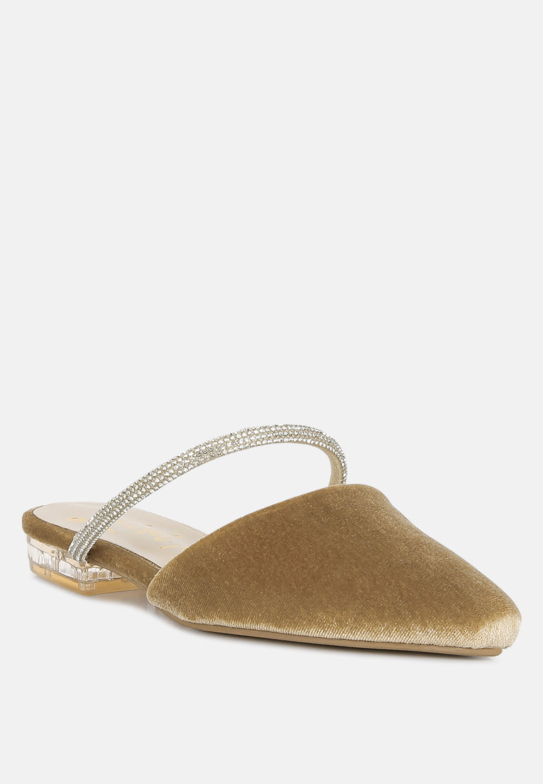Latte velvet mule with pointed toe and diamante slingback strap