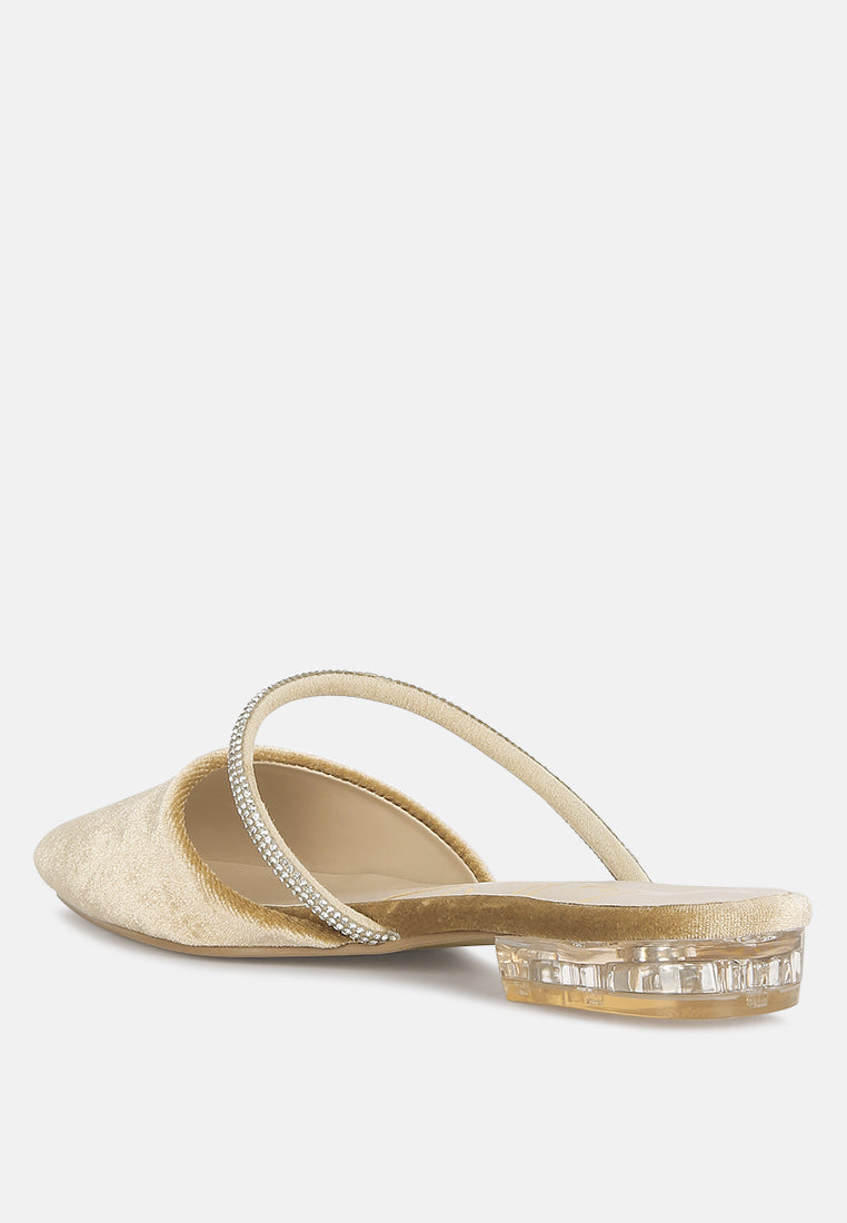 Latte velvet flat mules, diamante strap across vamp and chunky block heel