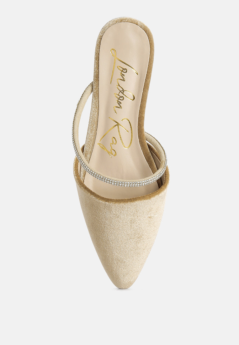 Latte mule close-up of pointed toe and diamante-trim slingback strap