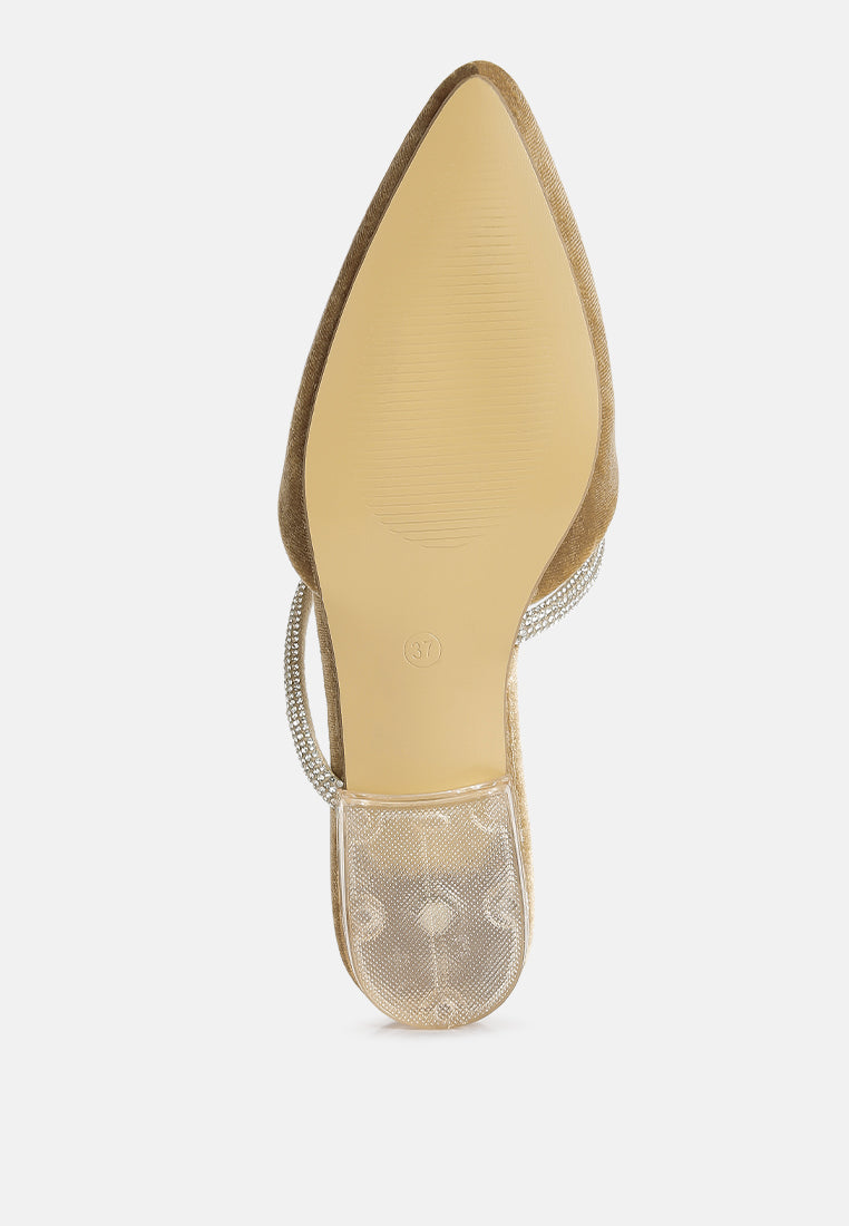 Velvet flat mules in latte with diamante strap detail and pointed toe