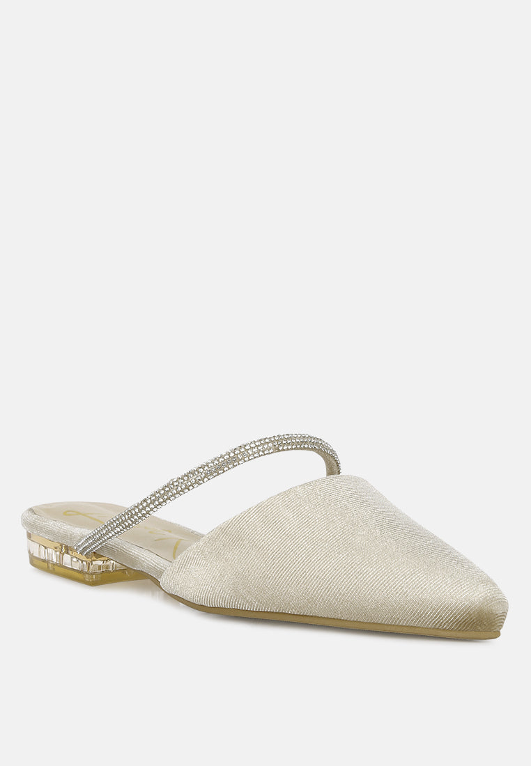 Latte pointed-toe flat mule with diamante sling strap and sparkly heel edge