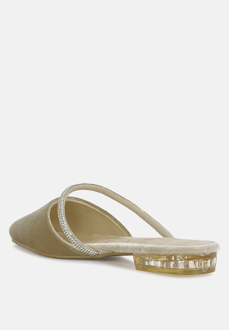Latte velvet mule with diamante trim sling strap and textured block heel