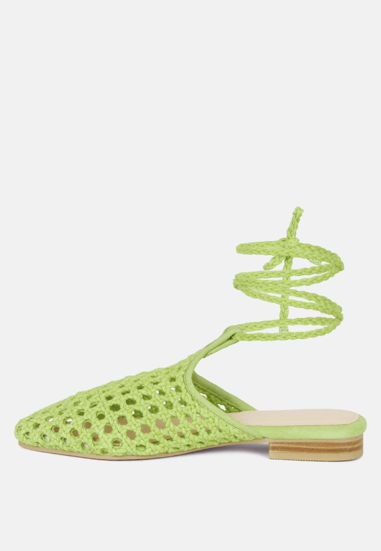 Green Tutsi tie-up mule flats, handwoven honeycomb cotton, pointed toe and low block heel