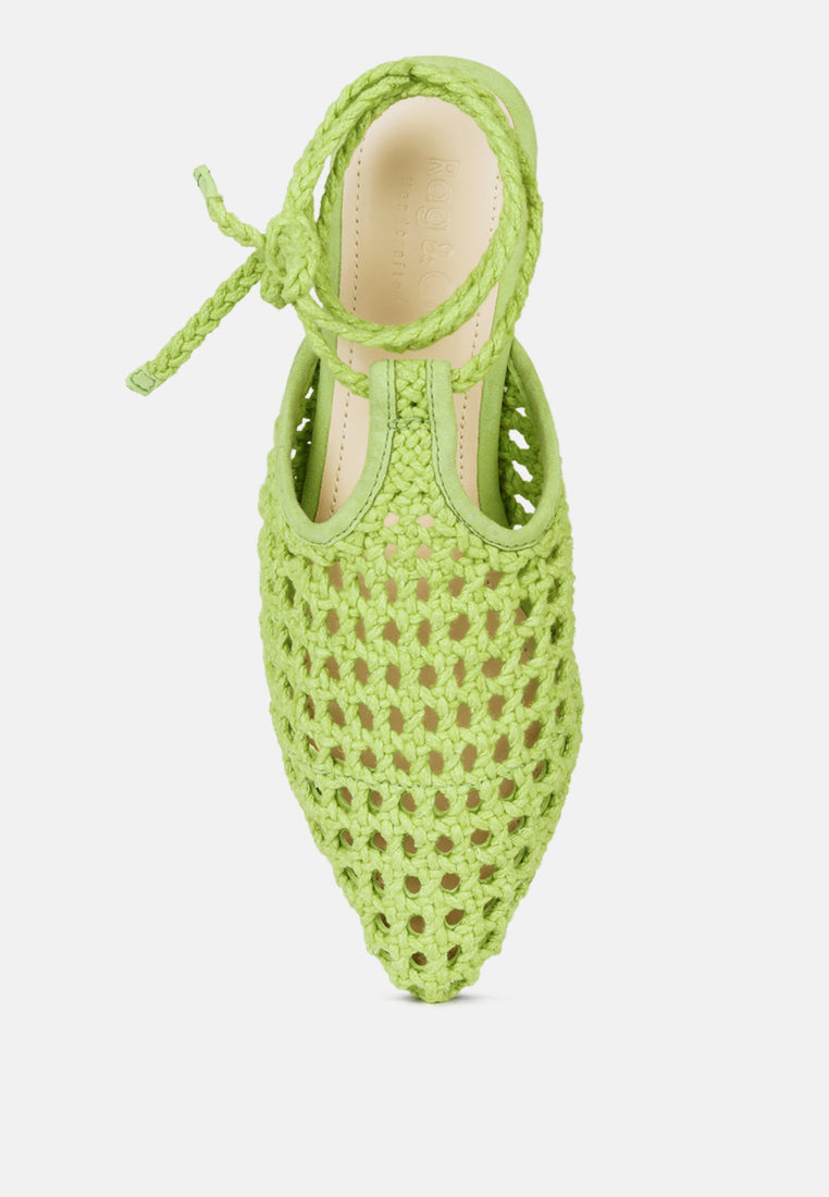Green openwork mule flats with tie-up straps and open heel collar
