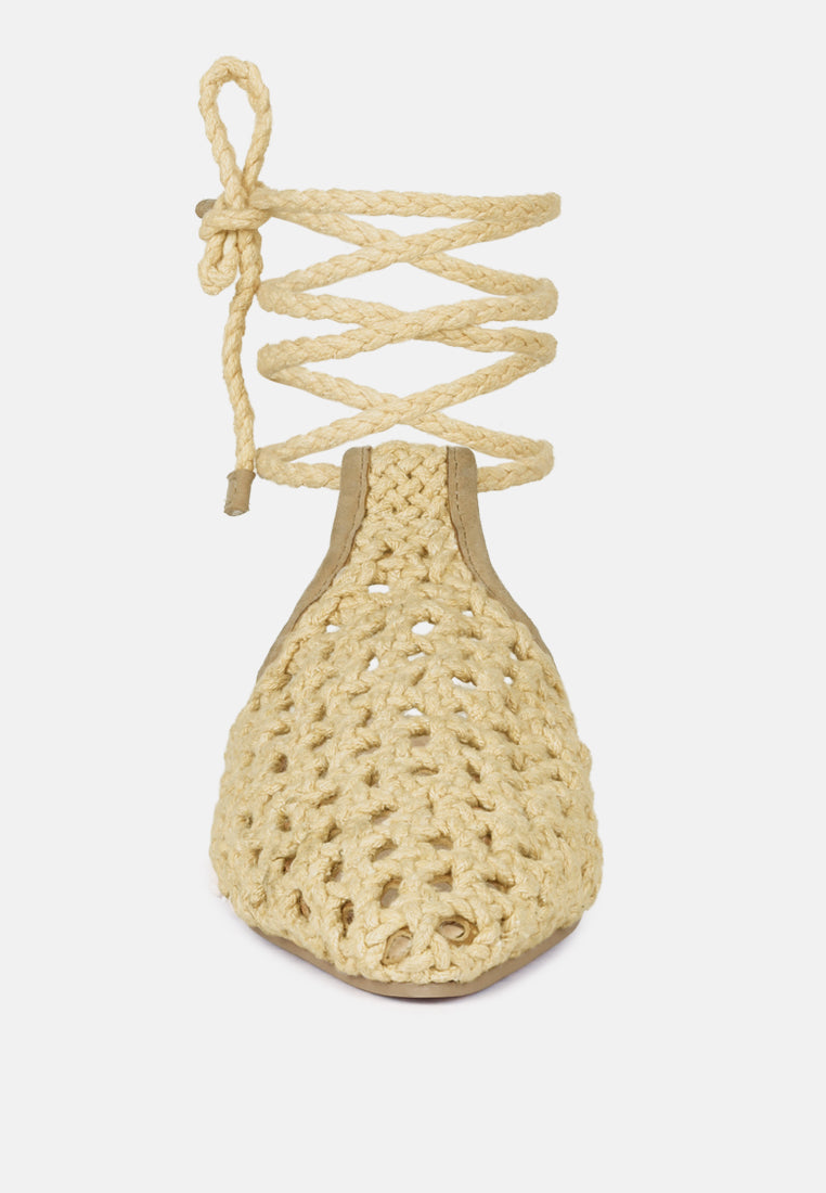 Nude mule flats back view, openwork woven upper with tie cords