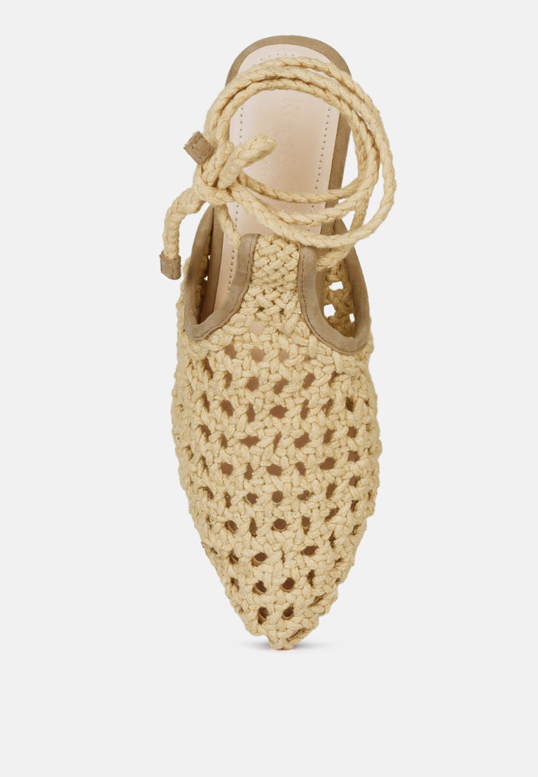 Handwoven honeycomb cotton mules with tie-up straps, nude/beige