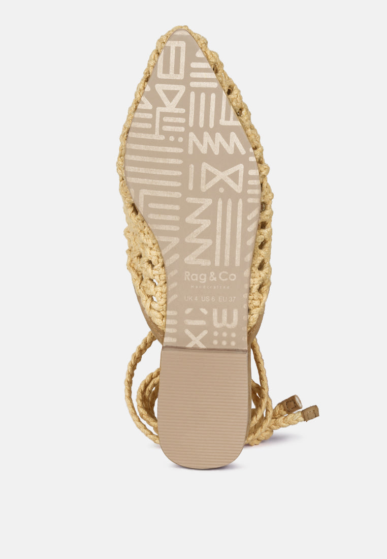 Nude/beige mule flat sole view with tie-up cotton straps