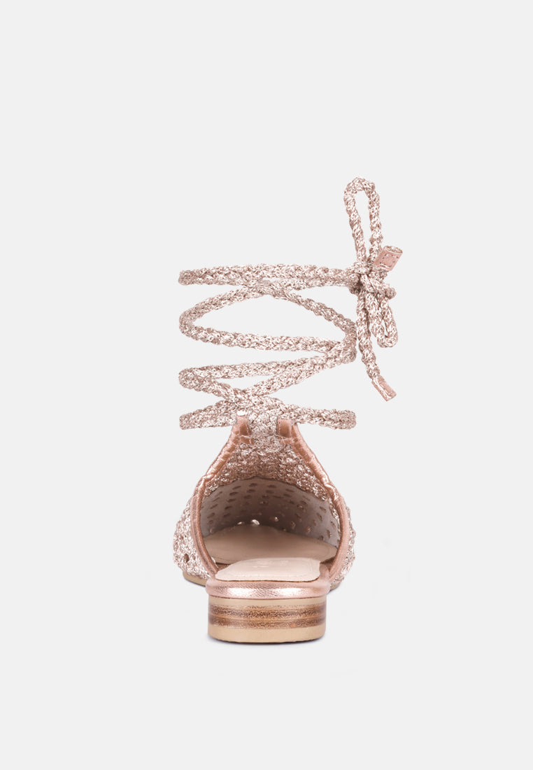 Rose Gold back view of tie-up mule flats showing rear heel tab