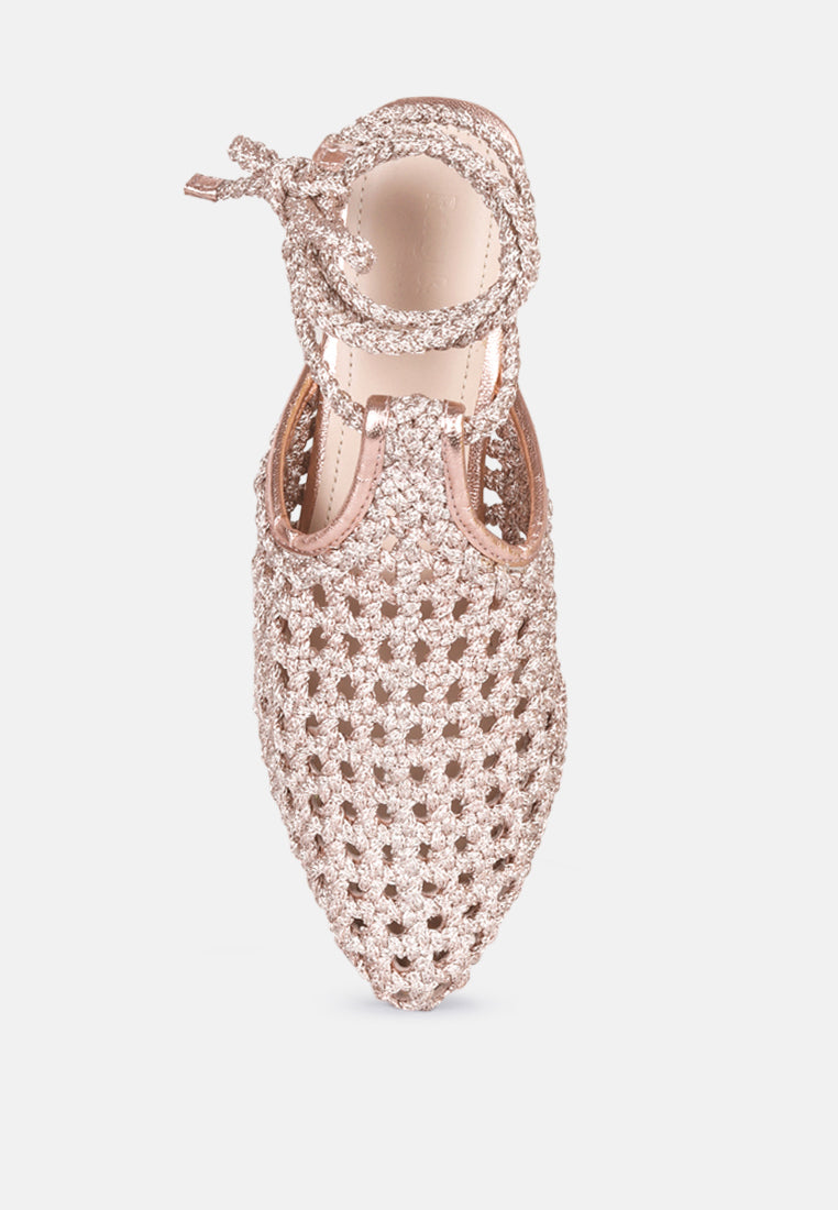 Rose Gold crochet-style mule flats with lace-up ties and low block heel