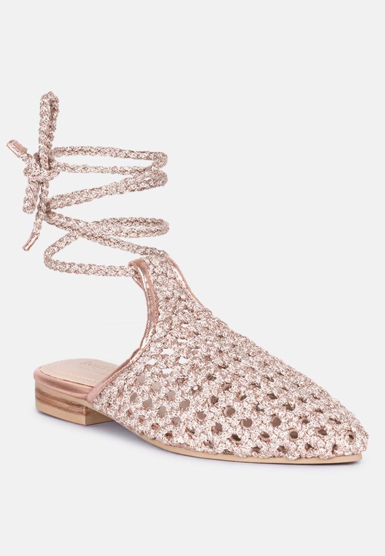 Rose Gold tie-up mule flats with open stitch pattern and low block heel