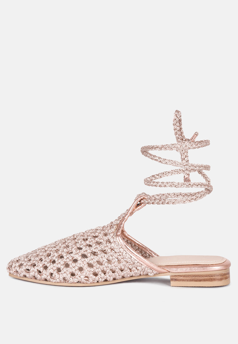 Rose Gold open-toe mules with lace-up ties and low block heel