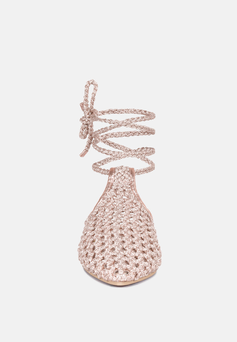 Rose Gold mule flat with woven upper and long tie-up straps