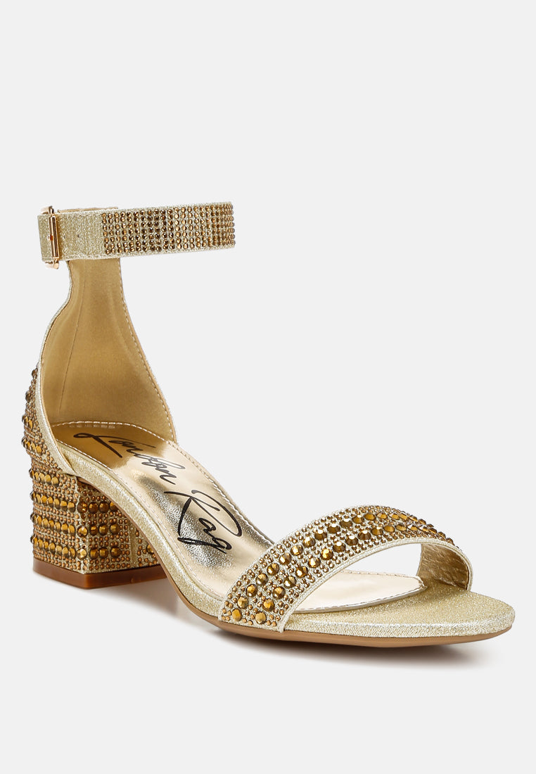 Gold rhinestone T-strap block heels with ankle buckle, open toe
