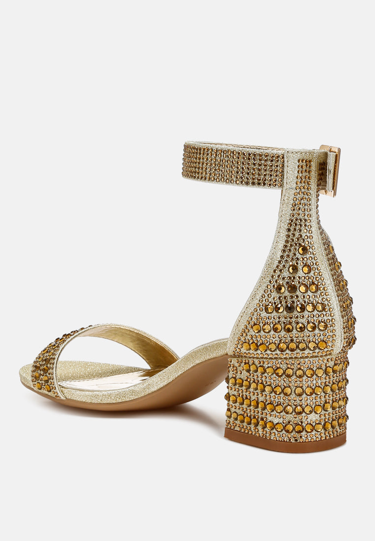 Gold rhinestone heeled sandals with ankle strap buckle, open almond toe