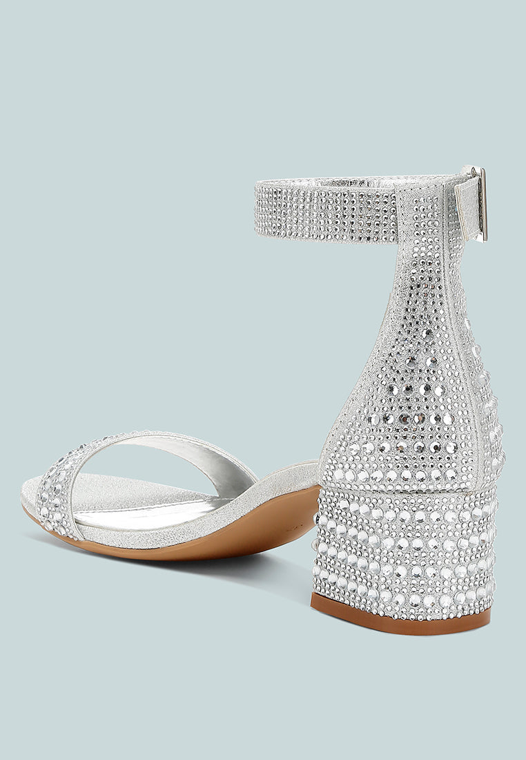 Twerky open-toe block sandals, rhinestone-covered heel and ankle strap, silver-tone