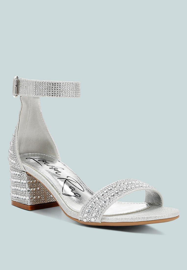 Twerky sandals side view: rhinestone ankle and heel panels, block heel, open toe