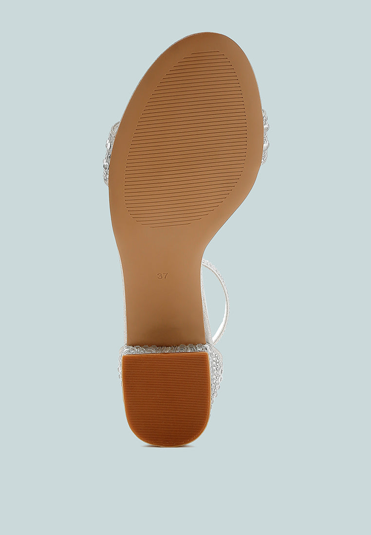 Rhinestone-embellished block sandal outsole and heel view
