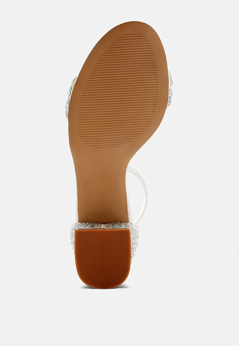 Twerky sandal outsole view: block heel with rhinestone strap detail, white/silver
