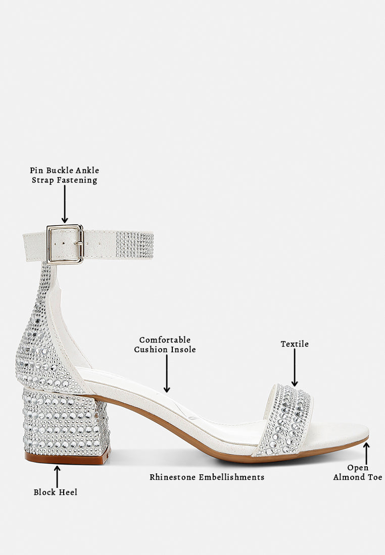 Twerky embellished block sandals: pin buckle ankle strap, open toe, rhinestones