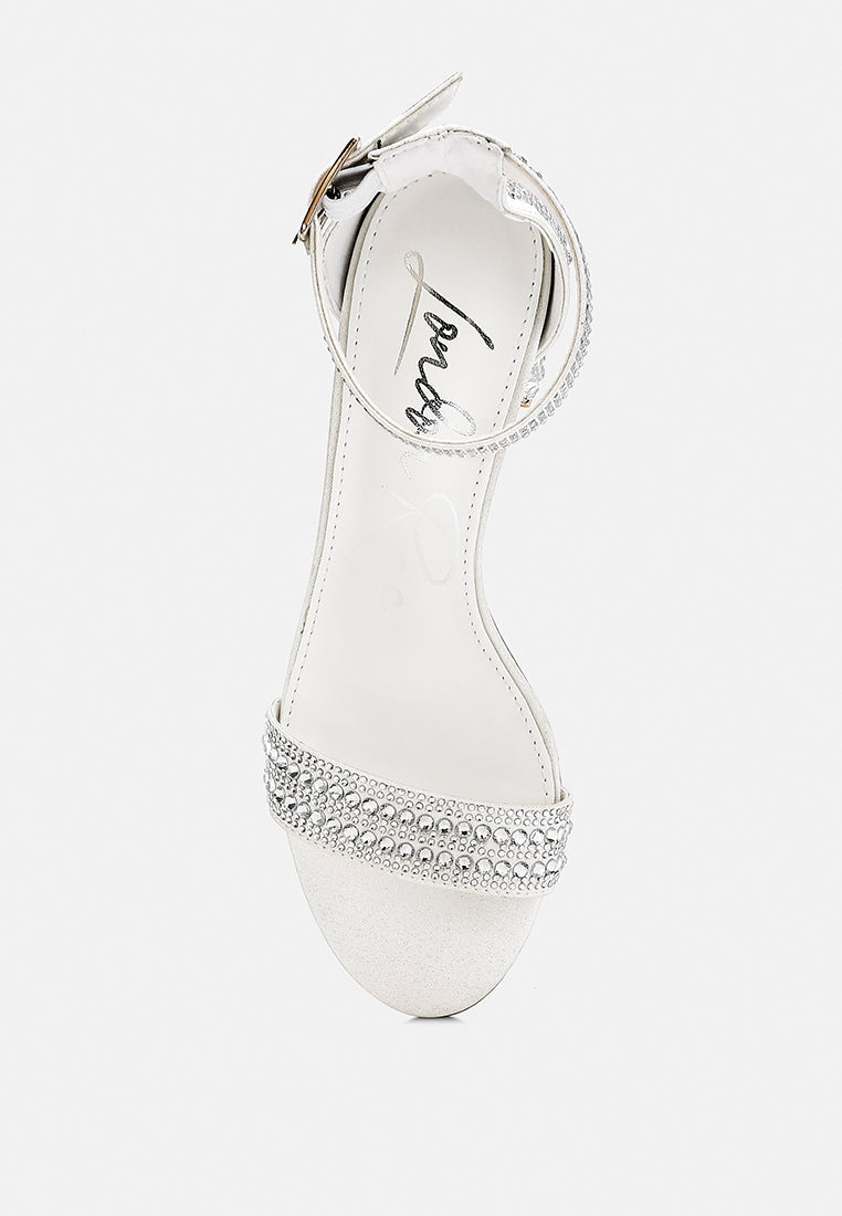 Twerky white rhinestone block-heel sandal with side straps and ankle buckle