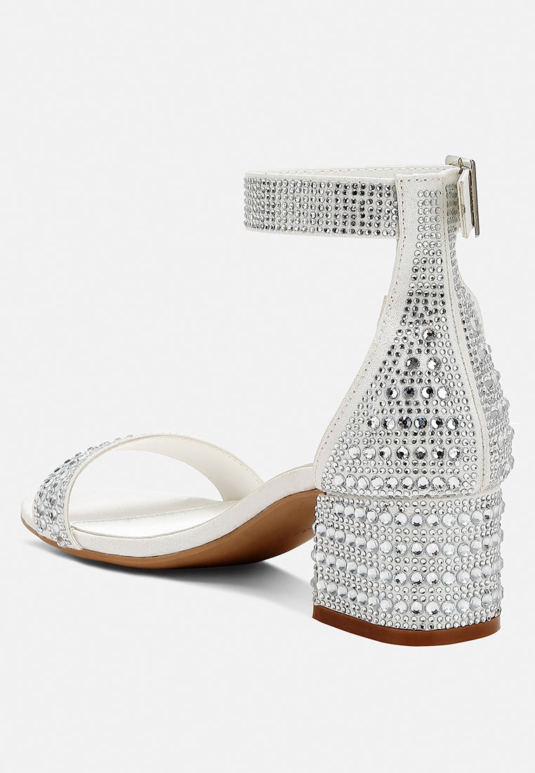 Rhinestone-covered Twerky block-heel sandals with open toe and ankle strap, silver