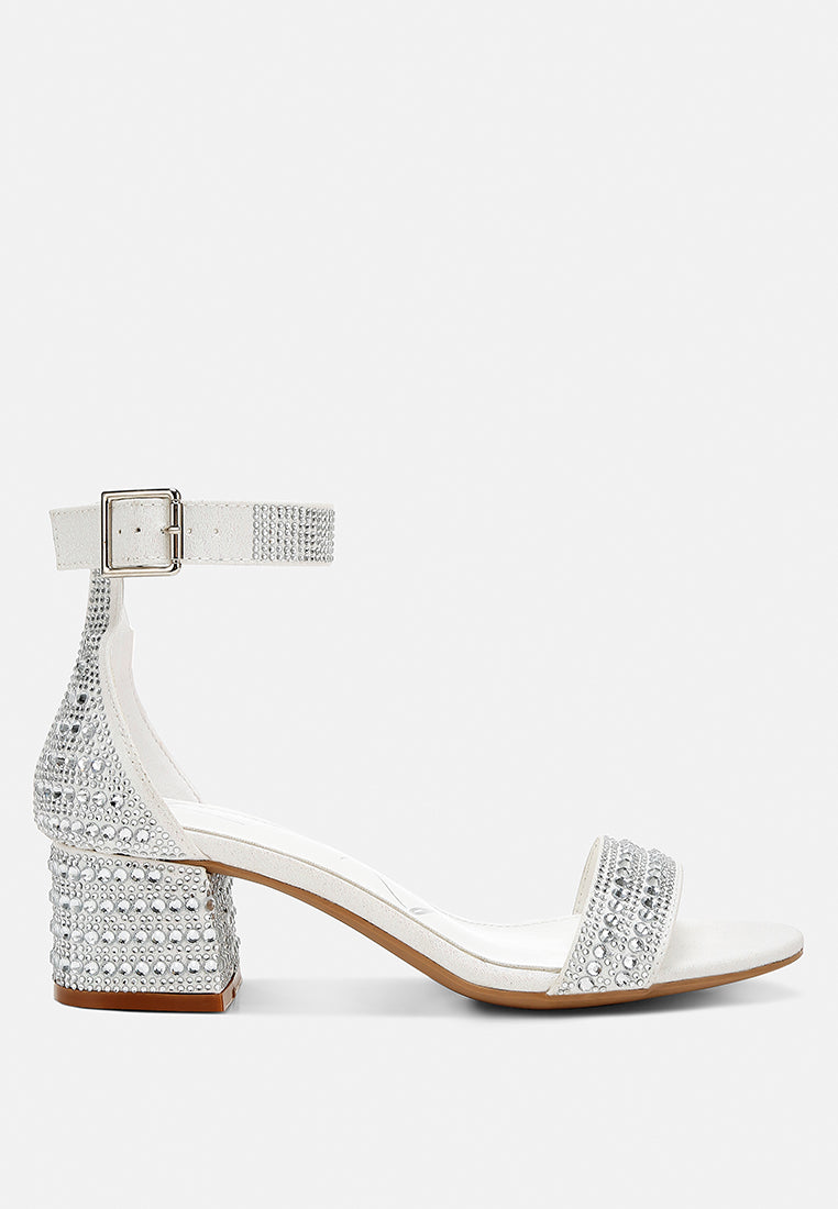 Twerky rhinestone embellished block sandals, white leather with silver gem straps