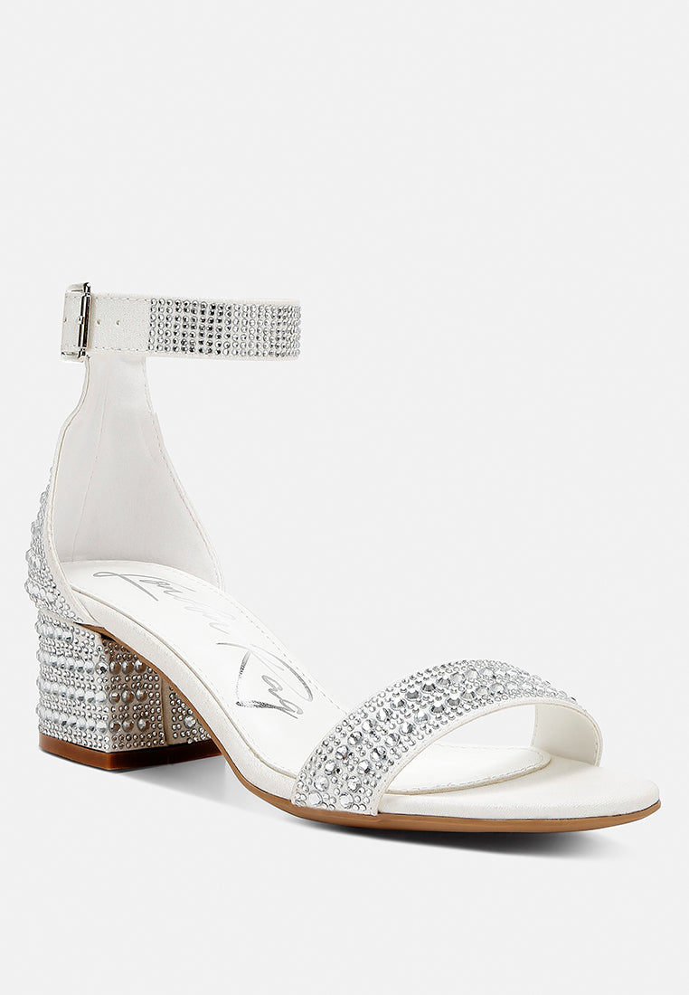 Twerky block sandals with rhinestone toe strap and adjustable ankle buckle, white