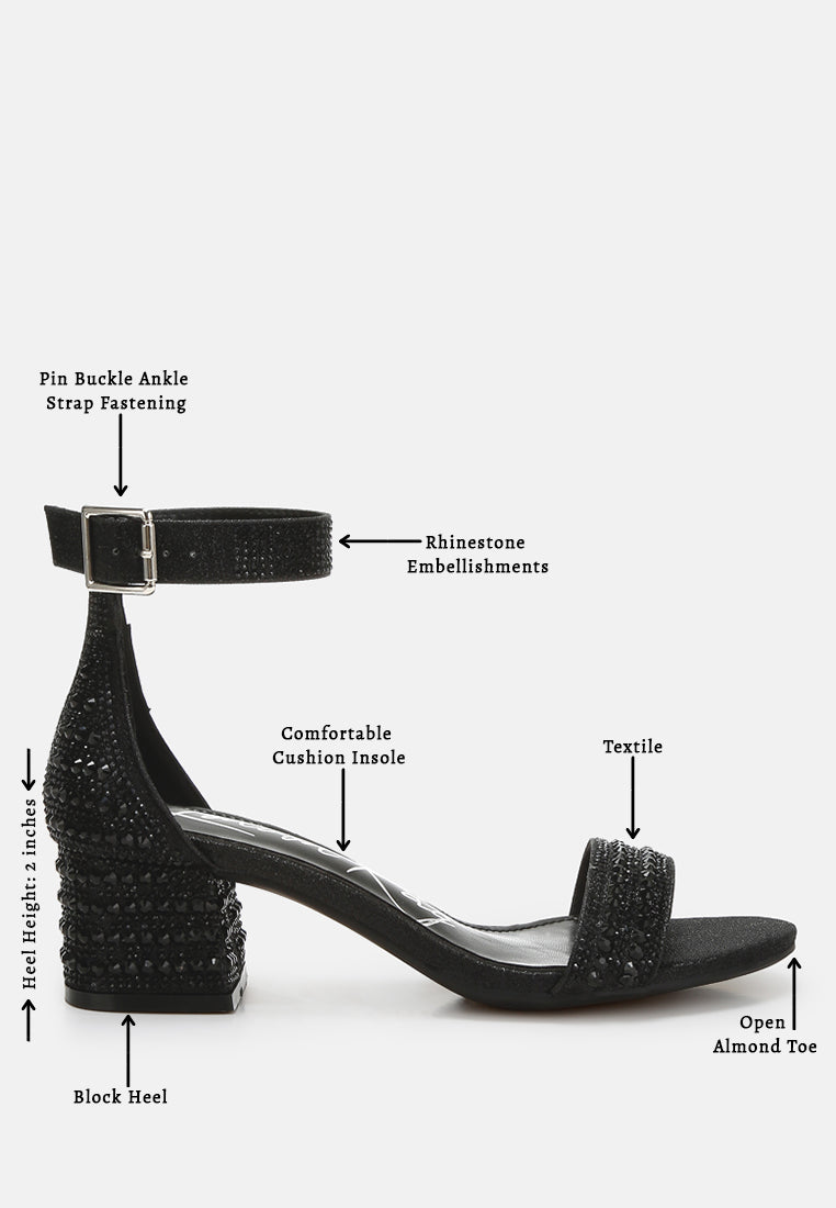 Black rhinestone block sandals: pin buckle ankle strap, cushioned insole