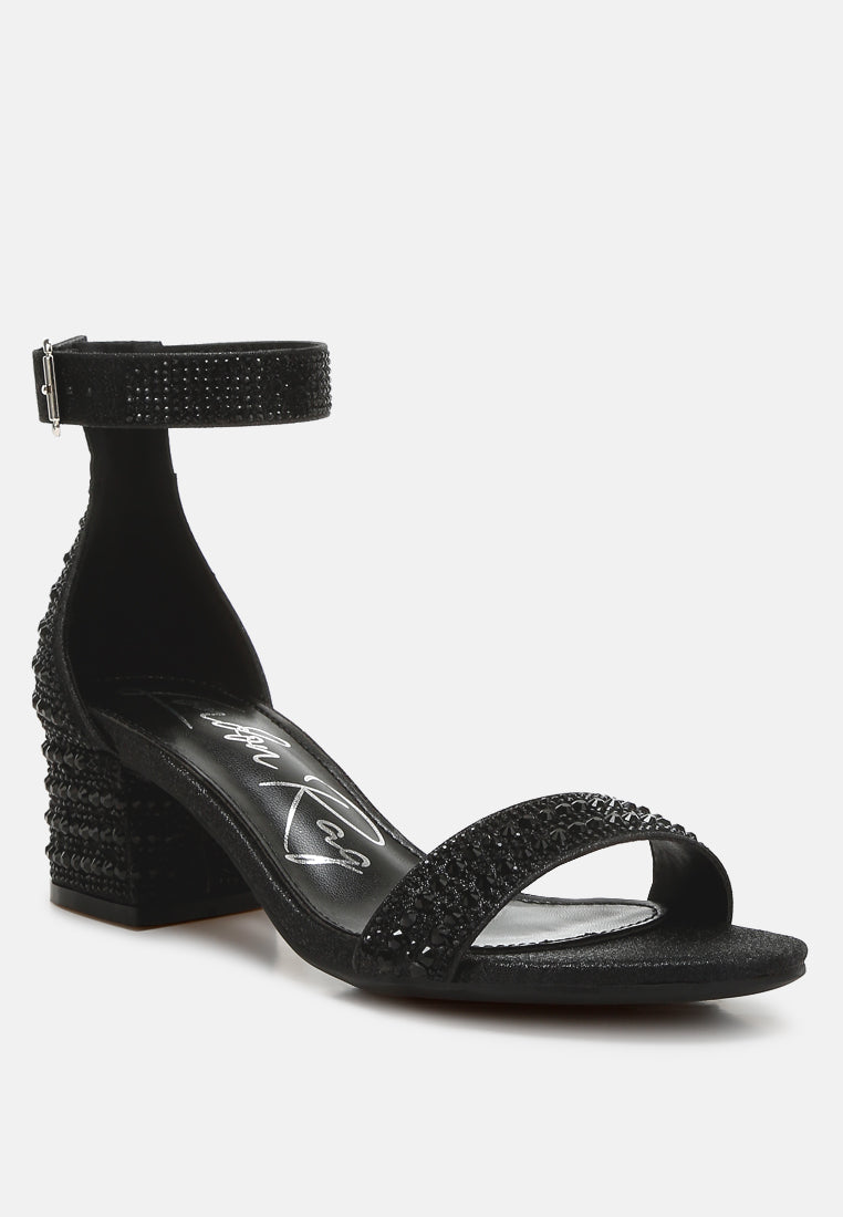 Black rhinestone T-strap block heels with ankle buckle, open toe