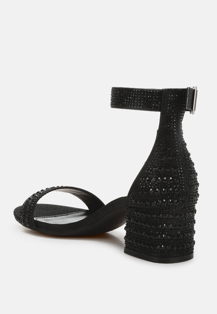 Black rhinestone ankle strap and block heel, open almond toe