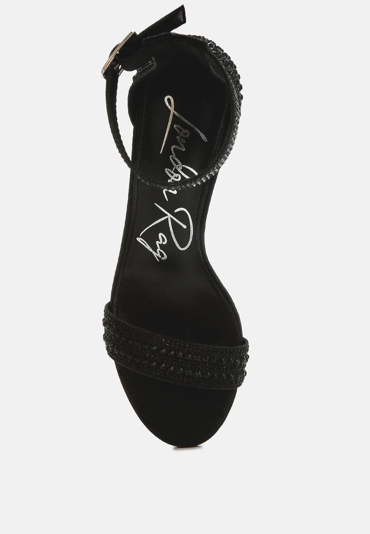 Black rhinestone heeled sandal with ankle buckle strap, top view