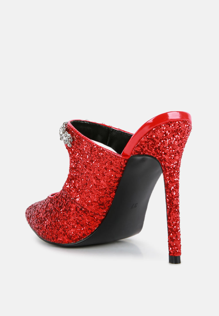 Red glitter slingback stilettos with slim stiletto heel and pointed toe