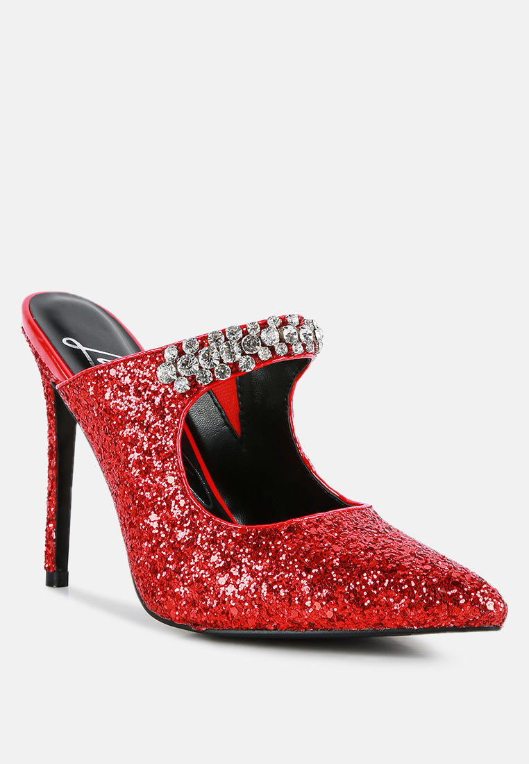 Red glitter stiletto pump with diamante strap, pointed toe and high heel