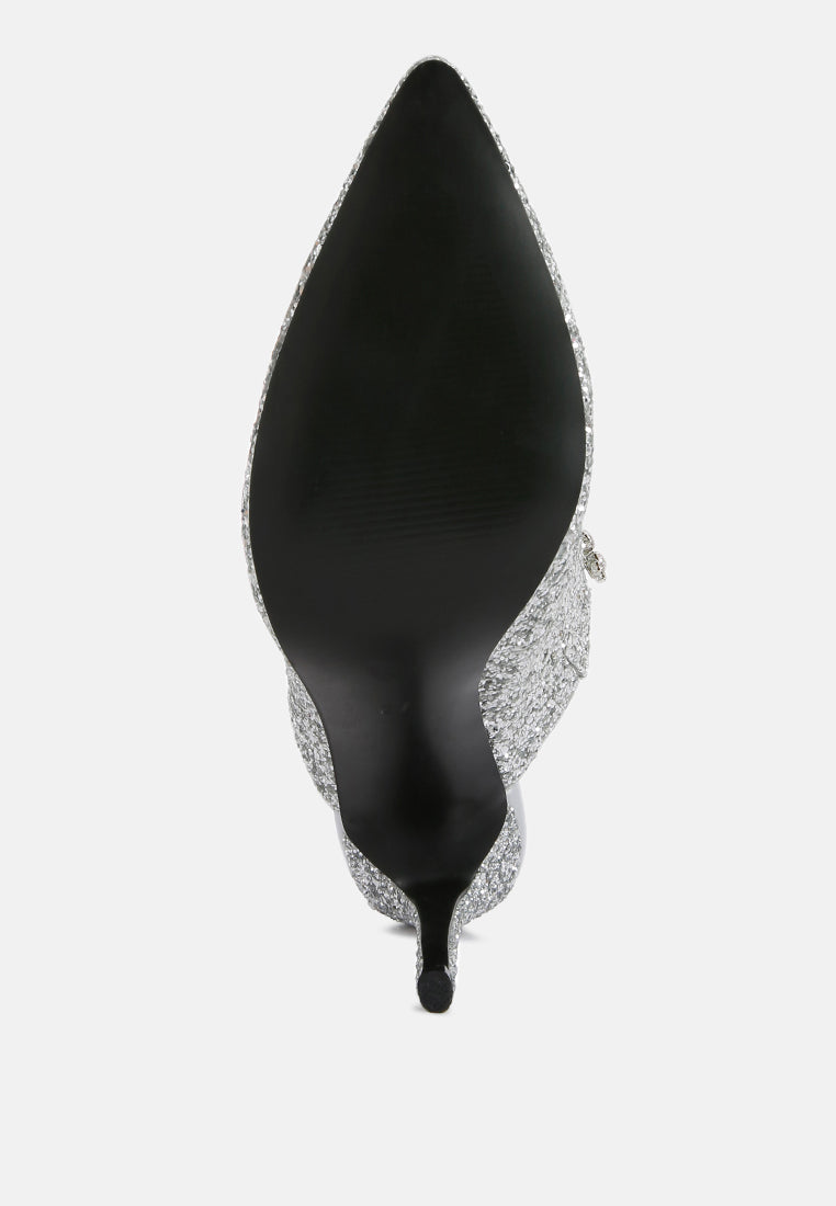 Silver glitter stiletto heel with black lining, pointed toe and slim high heel