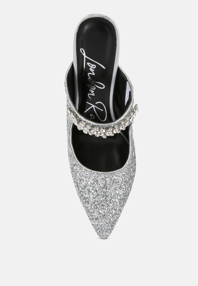 Silver glitter stiletto pump with diamante strap and pointed toe