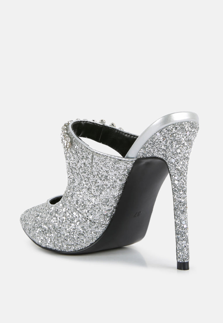Silver glitter slingback stilettos with diamante trim on upper, high stiletto heel