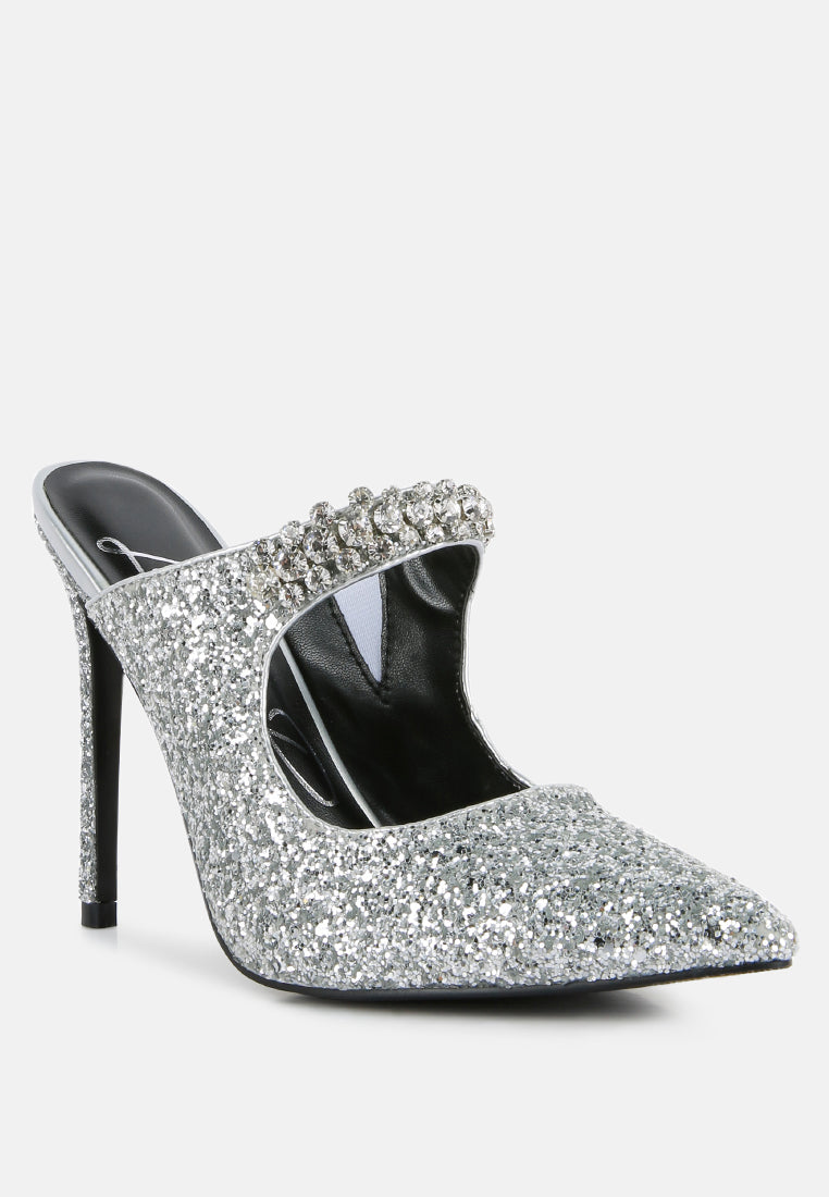 Silver glitter stilettos with diamante strap across top, pointed toe and slim heel