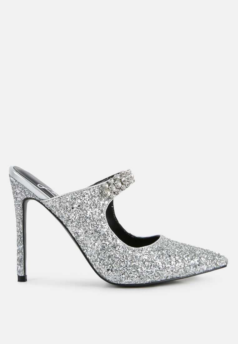 Silver glitter stilettos with diamante strap detail, pointed toe and high stiletto heel