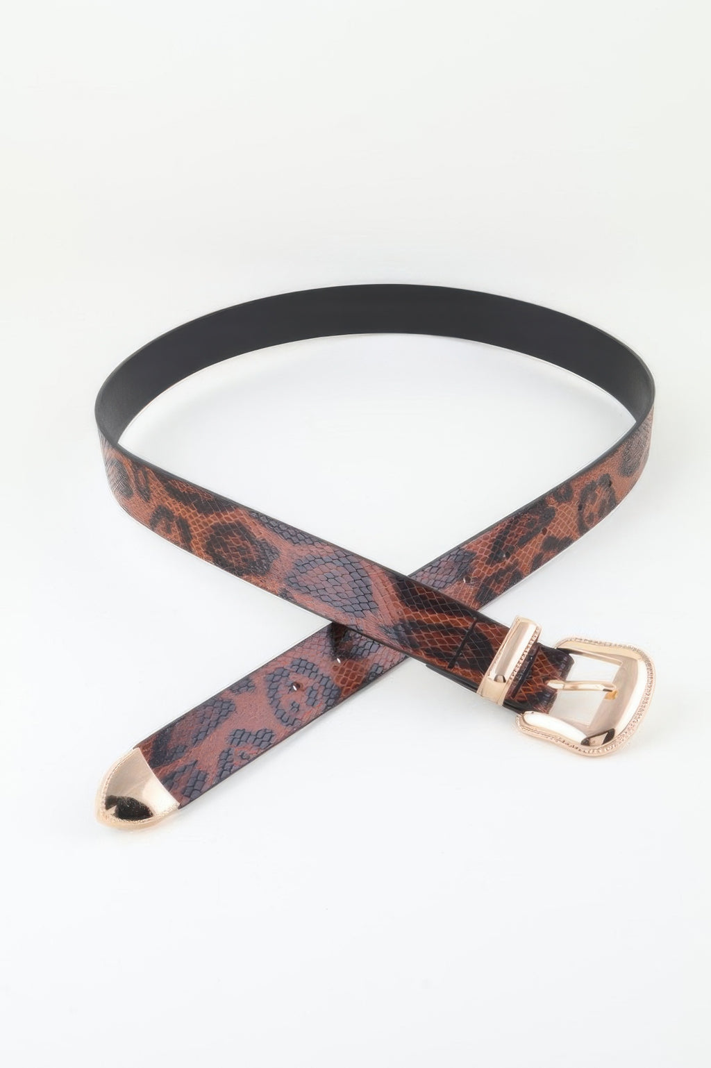 Leopard Print Gürtel mit goldfarbenem Schnallendetail und zwei eckigen Ösen