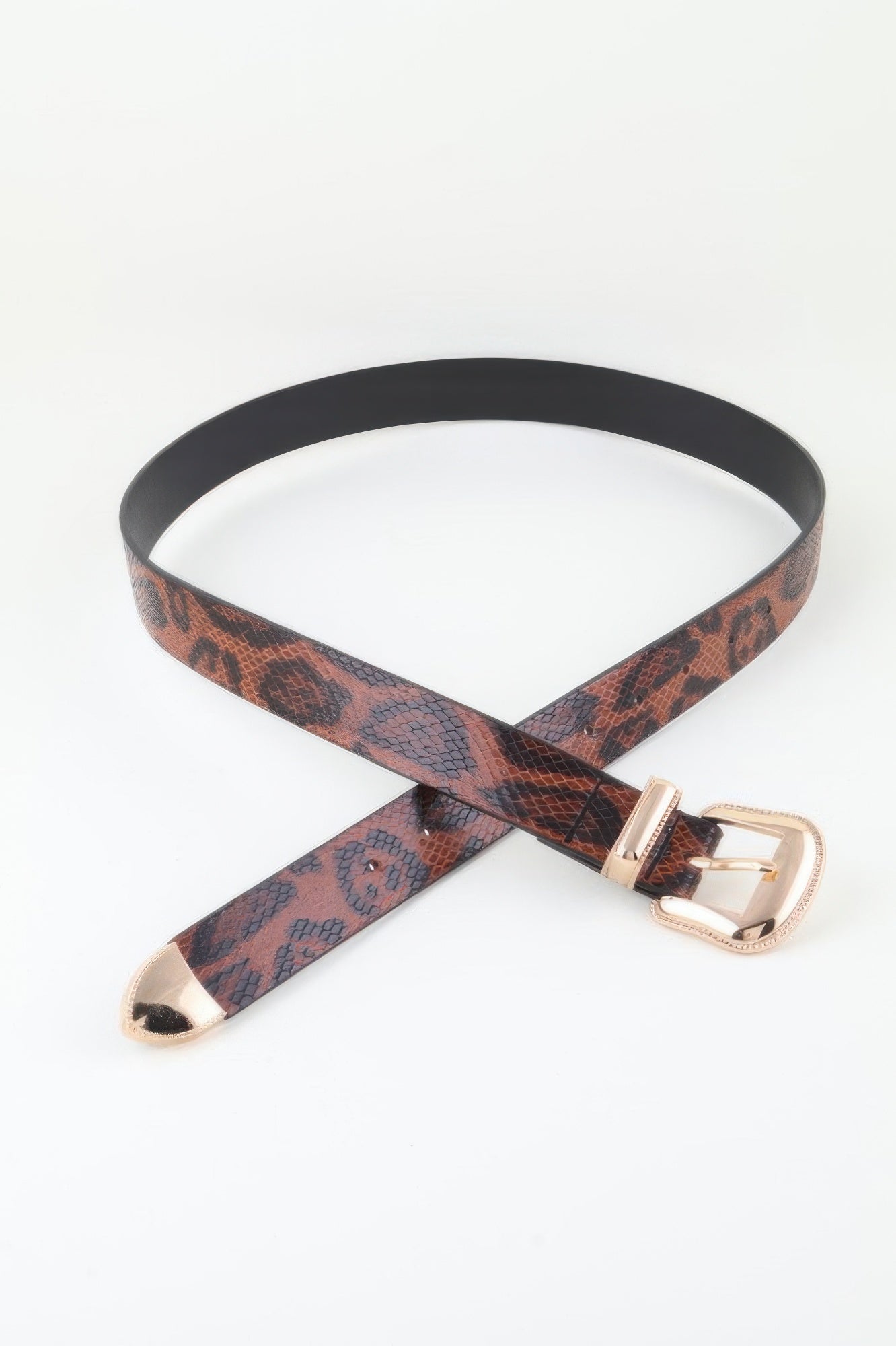 Leopard Print Gürtel mit goldfarbenem Schnallendetail und zwei eckigen Ösen