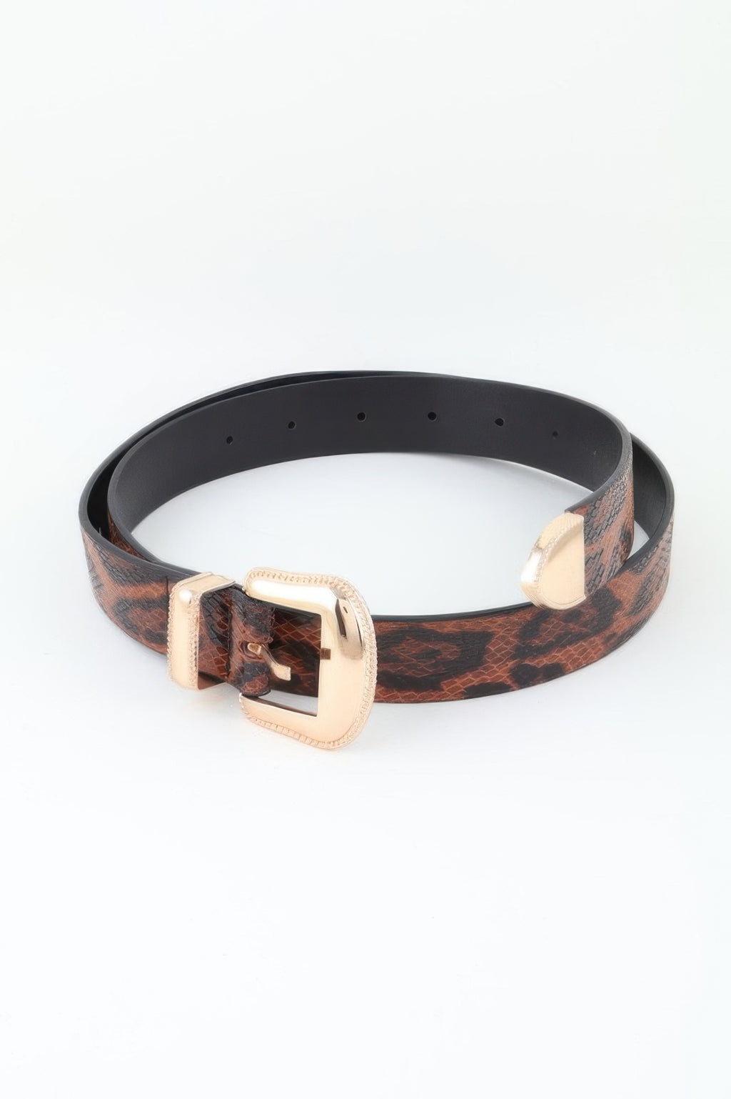 Leopard Print Gürtel-Set mit zwei Schnallen, gelochtem Riemen und schwarzer Innenseite