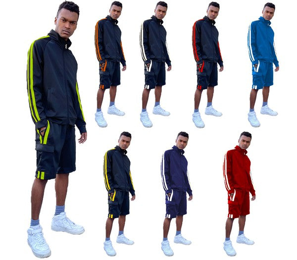 Track jacket and cargo shorts set shown in multiple colorways with stripe trim