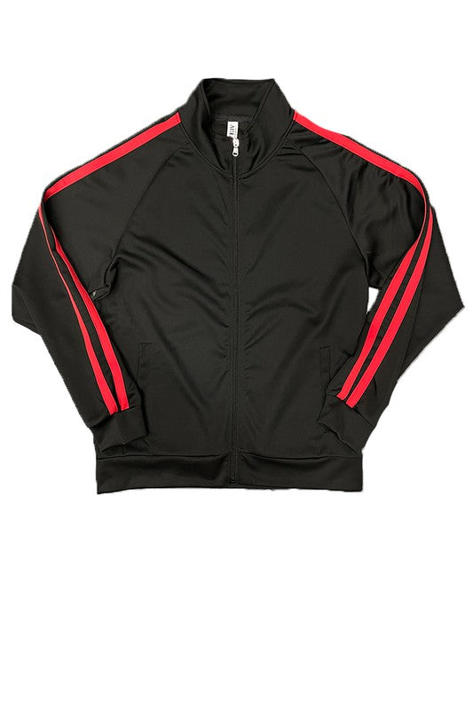 Track jacket, black with red stripe accents on shoulders and sleeves
