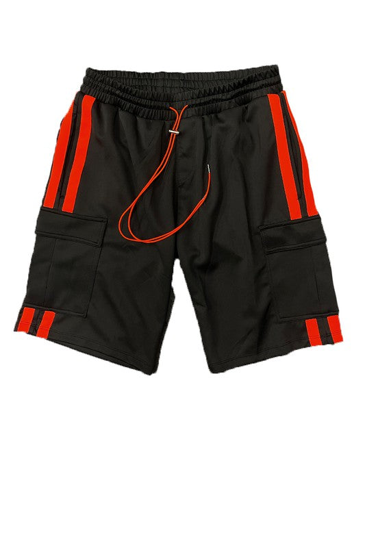 Cargo shorts, black with red stripe accents and elastic drawstring waist
