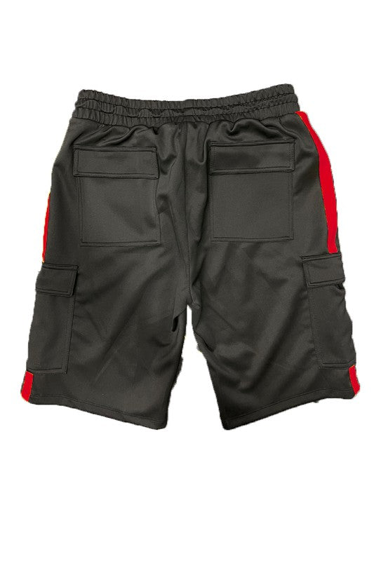 Cargo shorts, dark gray-black with small red stripe detail at the side
