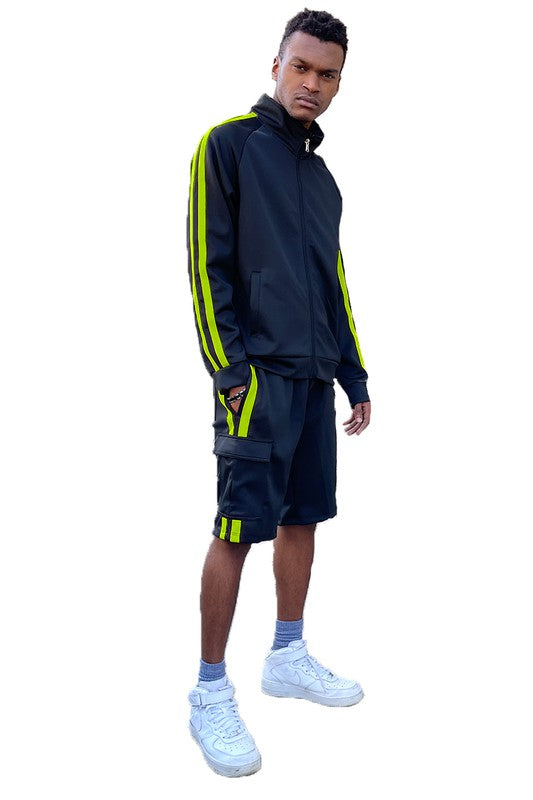 Track jacket and cargo shorts set, black with neon lime stripe trim