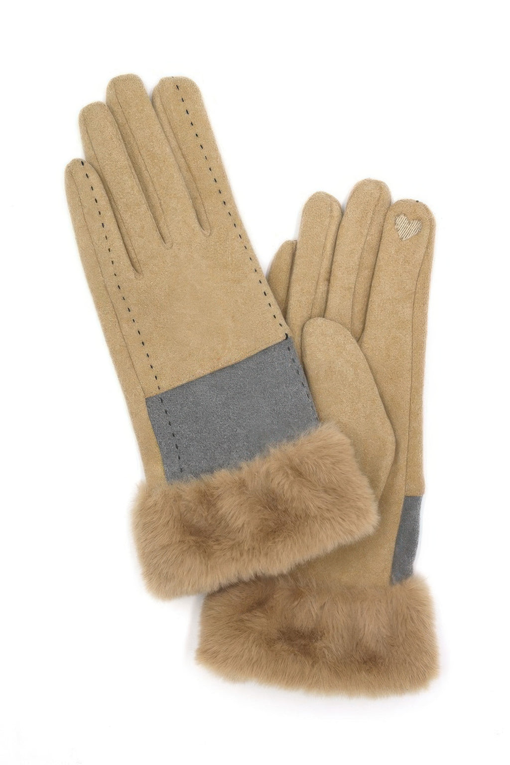 Beige two-tone faux-fur smart-touch gloves with stitched seams and finger paneling.