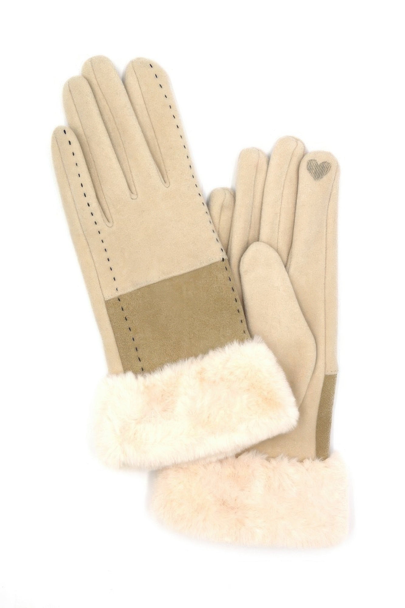 Taupe two-tone faux-fur smart-touch gloves with heart detail on the back.