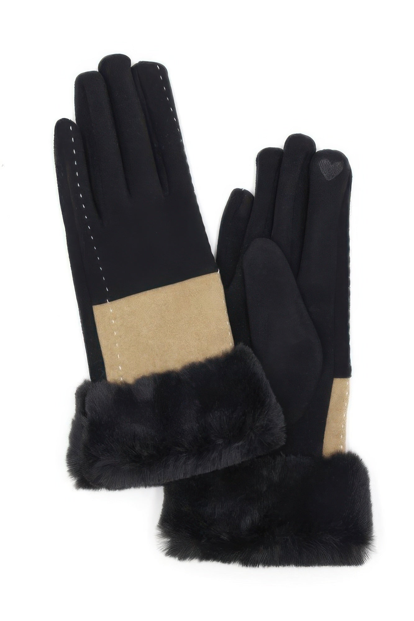 Black two-tone faux-fur smart-touch gloves with heart detail and stitched overlays.